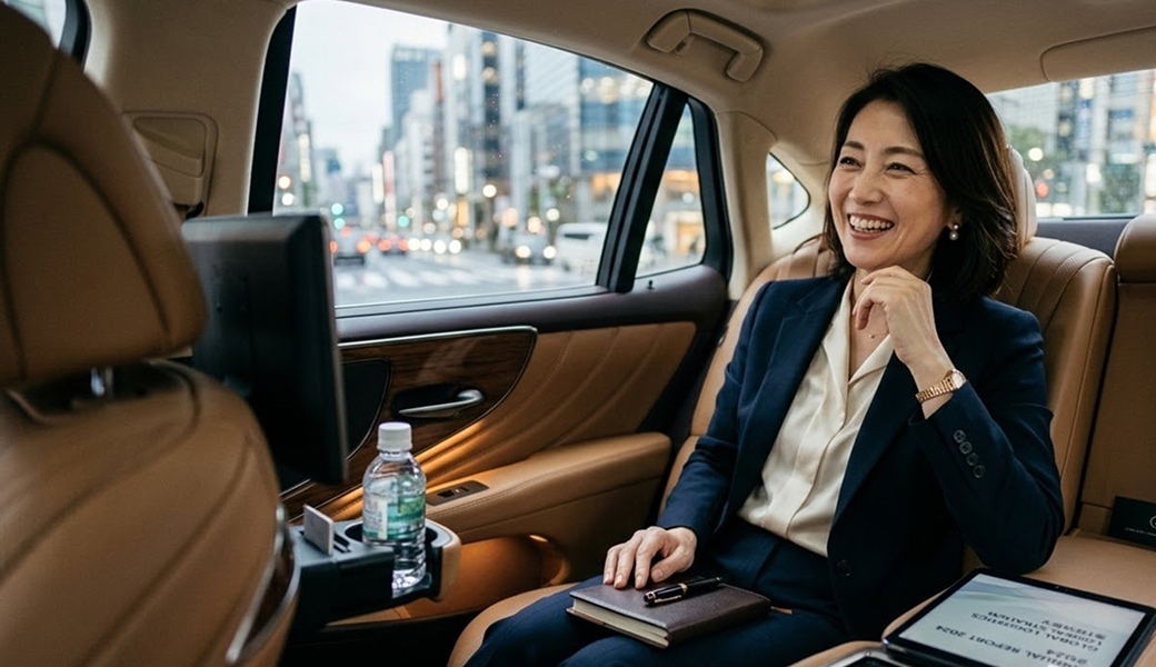 A businesswoman smiling in the back of a car, city lights outside the window.