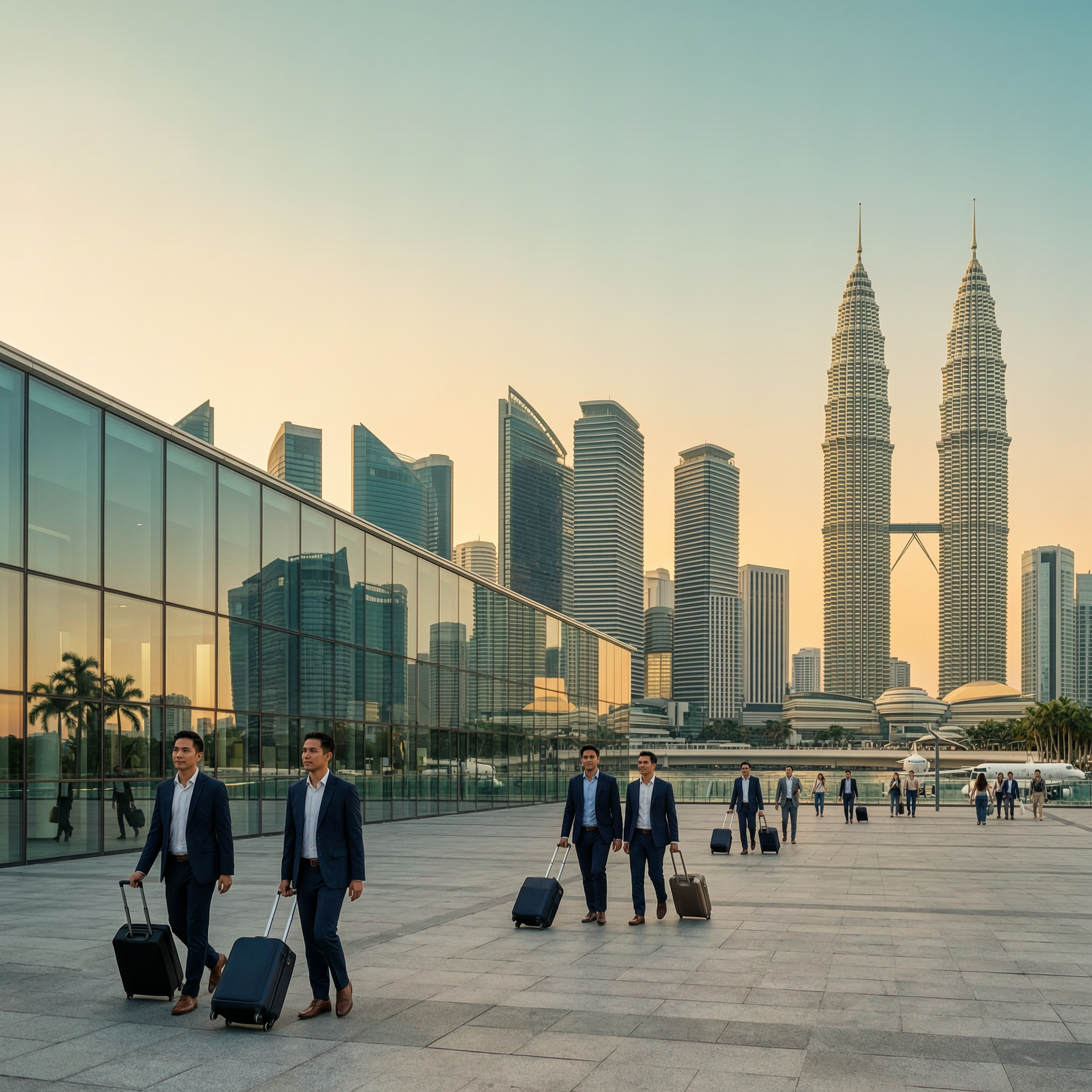 Business travellers walking in an orderly line through a modern airport terminal.